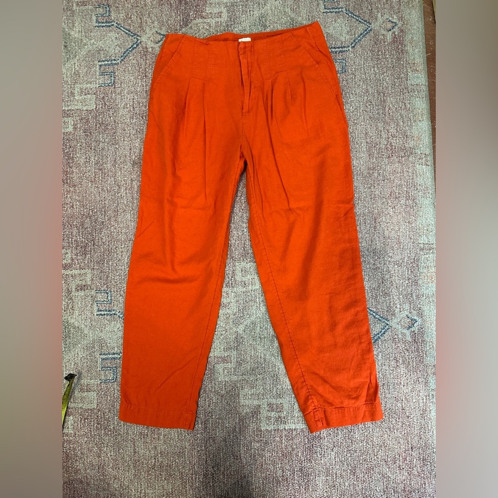 A new day linen blend pleated high waist ankle straight leg red/orange pants 8